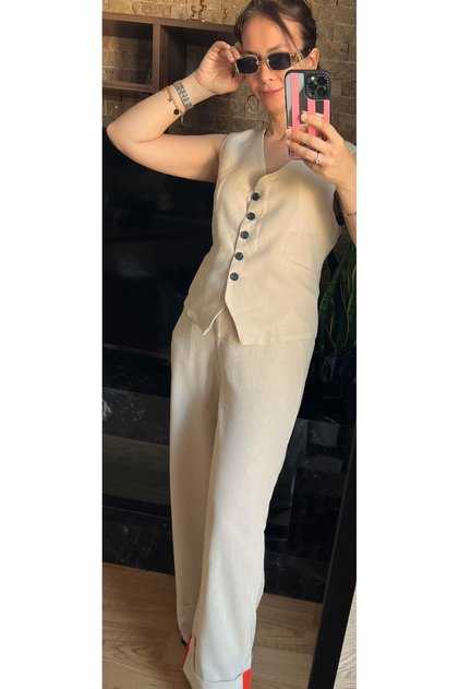 Linen Suit with Vest Set and Striped Detail at the Vest , Beige Two-Piece Linen Set