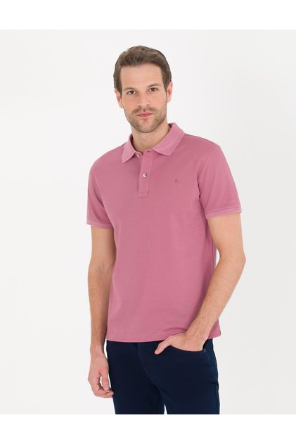 Pink Slim Fit 100% Cotton Buttoned Polo Collar Mercerized Basic T-Shirt 50262665-Vr026