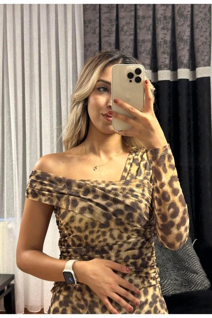 Leopar Desen Tek Omuz Tül Elbise Kahverengi