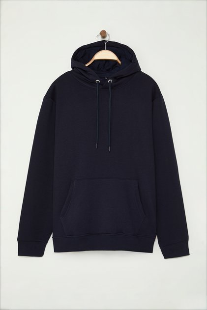 Plus Size Navy Blue Slim/Narrow Cut Hooded Fleece/Warm Sweatshirt