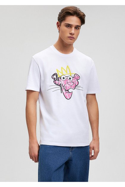Pembe Panter Baskılı Beyaz Tişört Loose Fit / Bol Rahat Kesim 0612299-620