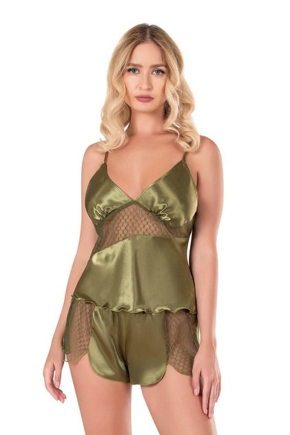 Khaki Satin Babydoll Shorts Set 9112