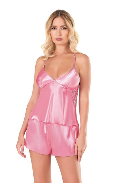 Dark Pink Satin Babydoll Shorts Set 9108