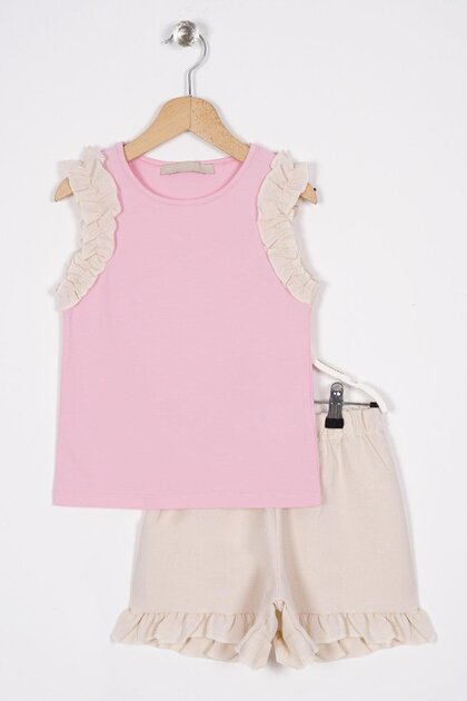 Crew Neck Zero Sleeve Ruffle Shorts Light Pink Light Beige Color Girls' Double Set