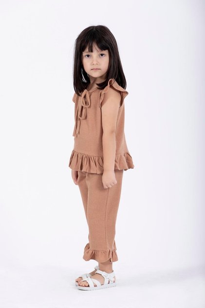 Crew Neck Short Sleeve Waffel Pacifier Frilly Double Suit Brown Color Girl's Double Suit
