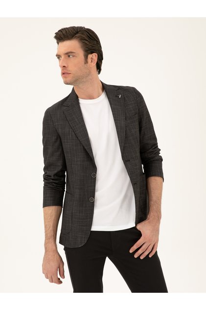 Black Slim Fit Linen Blended Jacket 50289458-Vr046