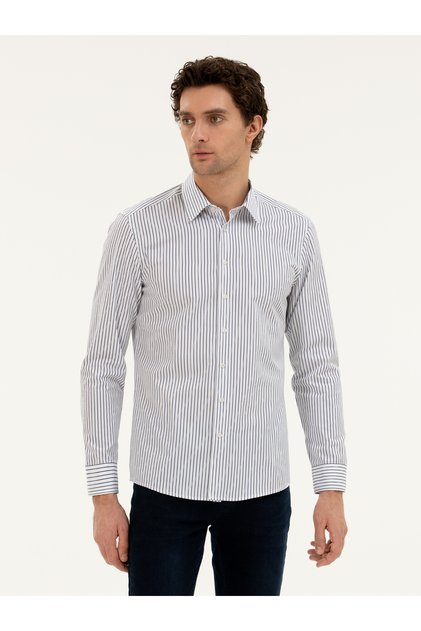 Navy Blue Slim Fit Cotton Striped Shirt 50288628-Vr033