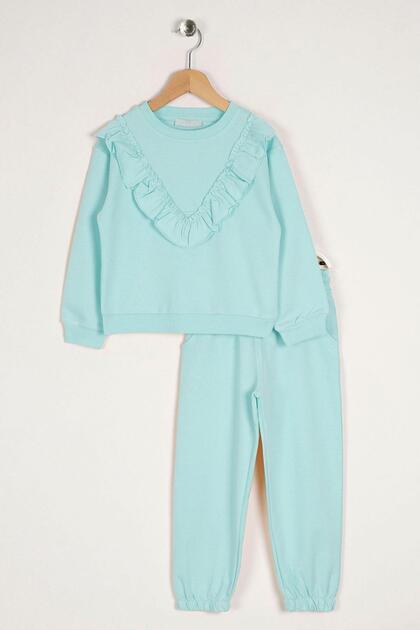 Crew Neck Long Sleeve Ruffle Detailed Mint Color Girl's Double Suit