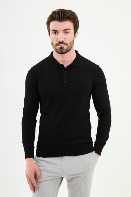 Plain Slim Fit Polo Neck Men's Knitwear Sweater Black - 11501.24K