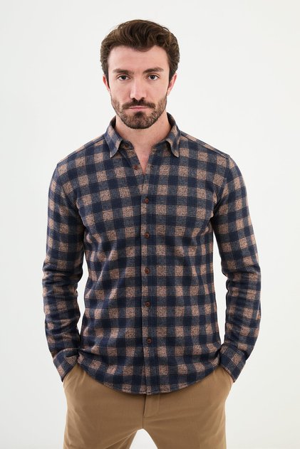 Checkered Camel Color Slim Fit Wool Men's Shirt