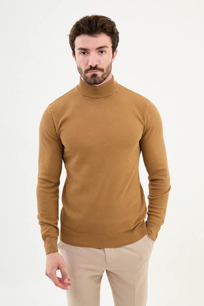 Textured Slim Fit Half Turtleneck Men's Knitwear Sweater Camel - 11500.24K