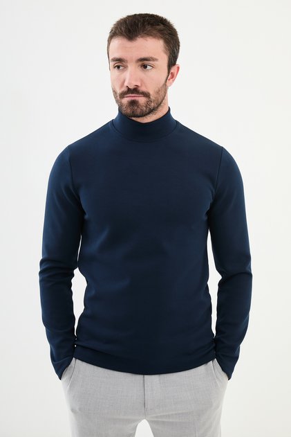 Plain Slim Fit Half Turtleneck Long Sleeve Men's T-Shirt Navy Blue - 36838.24K