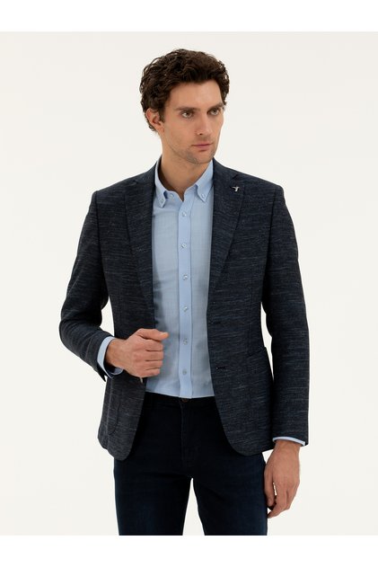 Navy Blue Slim Fit Wool Linen Blended Jacket 50285325-Vr033
