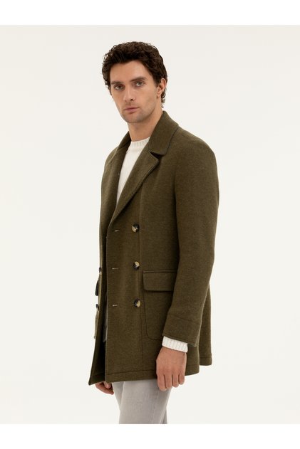 Khaki Slim Fit Wool Blended Cashmere Coat 50274060-Vr027