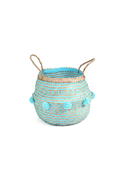 Basket, Foldable Wicker Mini Pompom Basket Blue