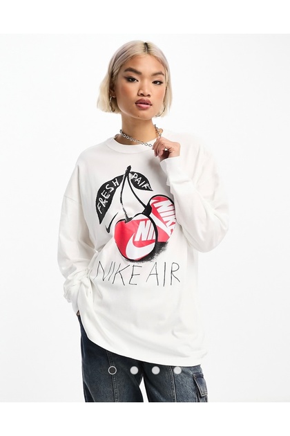 NSW Tee Long-Sleeve Uzun Kollu Oversize Beyaz Kadın T-shirt