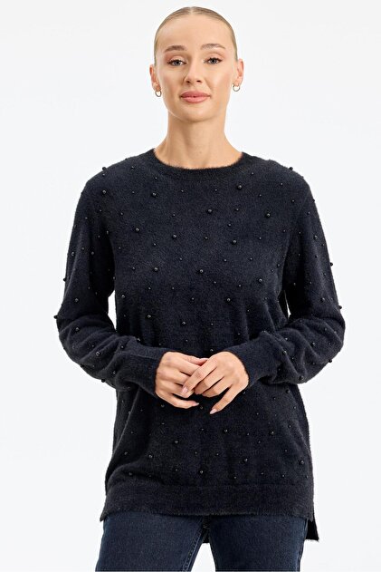 Black Knitwear Tunic - Pearl Detailed