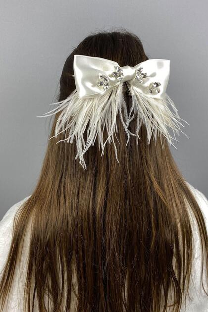 Cream Shiny Rhinestone Feather Bow Hair Clip Accessory