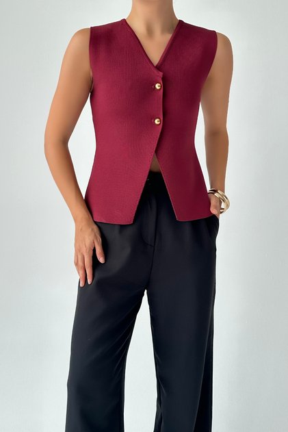 Women's Plum V-Neck Gold Buttoned Plain Knit Top Vest