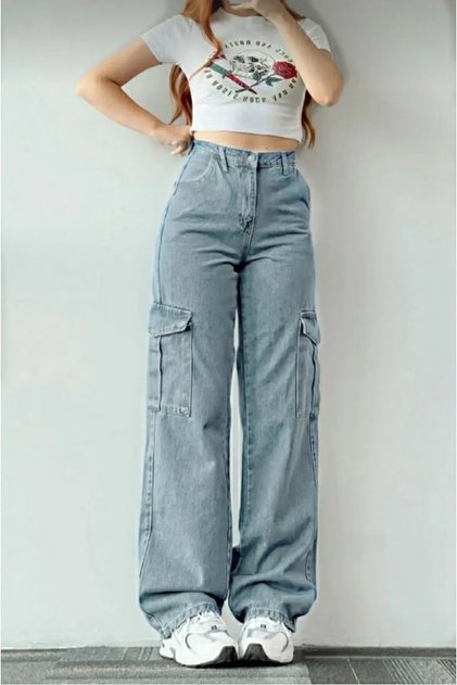Alya Dark Blue Cargo Loose Back Pocketless Lycra Super High Waist Jean Trousers