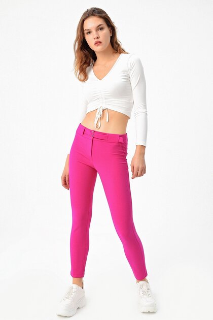Thick Belted D Buckle Stretch Fabric Ankle Length Fabric Trousers-Magenta