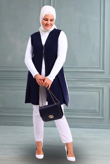 Women's Hijab Lycra Buttoned Long Mother Vest Navy Blue