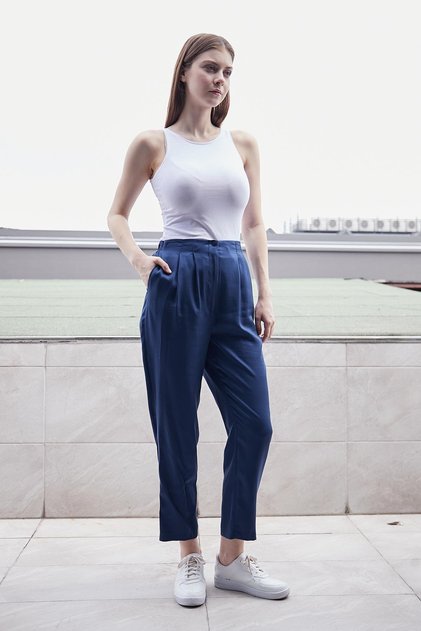 100% Iyocell Flowy Stylish Fabric Flowing and Non-Showy Smart Summer Trousers - Navy Blue