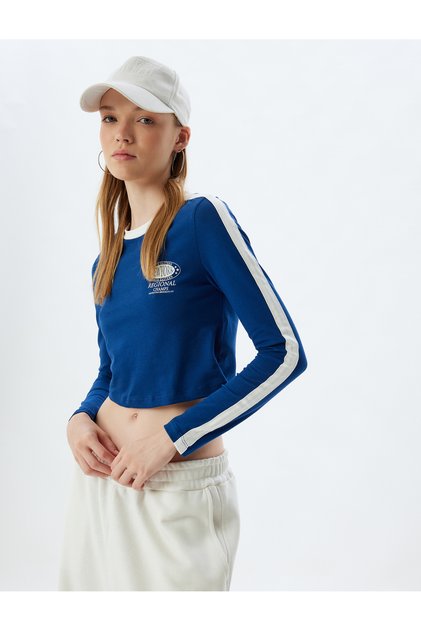 Crop T-Shirt Long Sleeve College Printed Crew Neck Bias Slim Fit