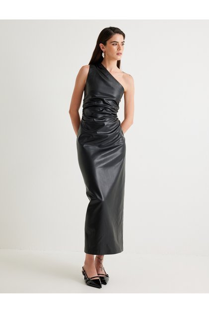 Faux Leather One Shoulder Slip Dress Long Draped