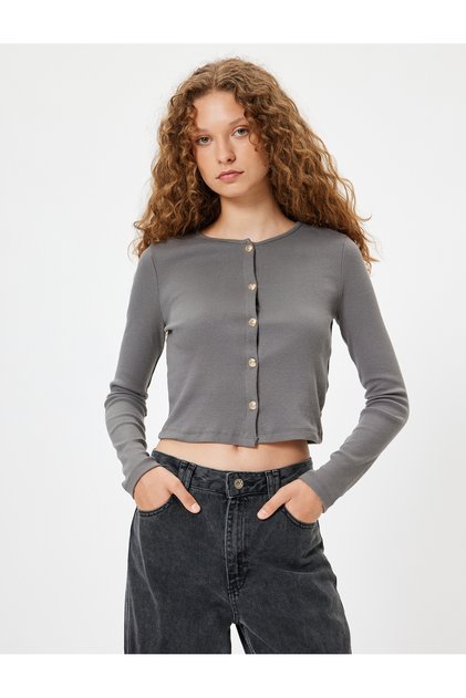 Long Sleeve T-Shirt Button Crew Neck Slim Fit Cotton