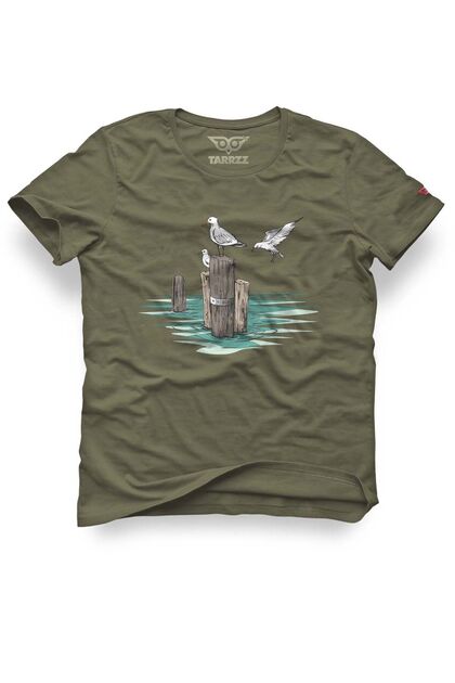 Back to Nature Design T-Shirt – Seagull Printed Unisex 100% Cotton Khaki Green Regular T-Shirt