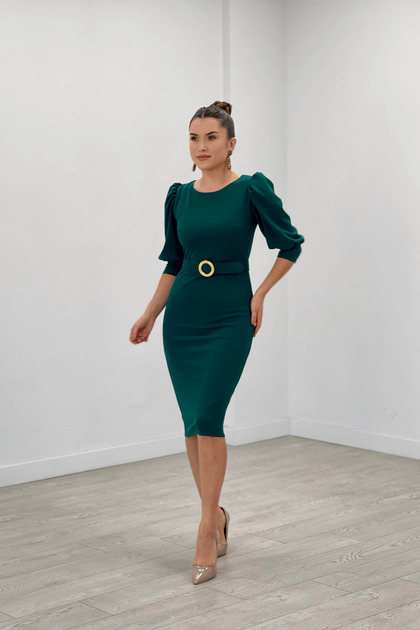 Rochie creion cu mâneci din țesătură creponată cu detaliu de balon - VERDE EMERAL