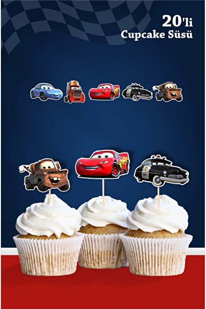 Şimşek Mcqueen Cars Temalı Doğum Günü Kürdanlı Cupcake Süsü 20'li