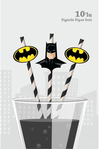 Batman Temalı Doğum Günü Parti Malzemeleri Seti 10'lu Figürlü Pipet