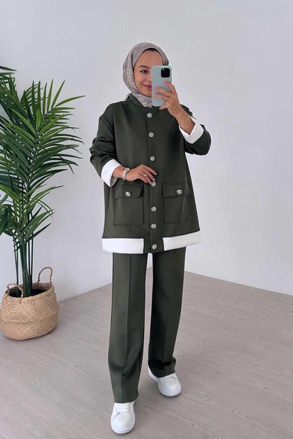 Elegant Button Detailed Scuba Hijab Set of 2 - Khaki