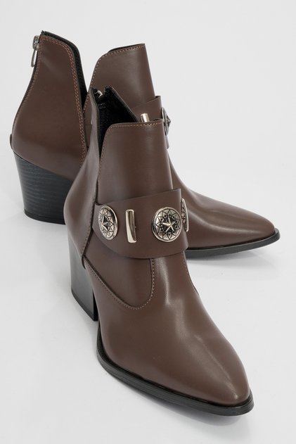 Kenda Brown Leather Women's Thick Heeled Boots with Back Zipper and Buckle