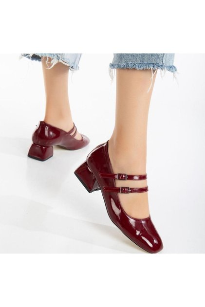 Women's Mary Jane Closed Back Double Band Square Toe Cap Short Block Heeled Shoes