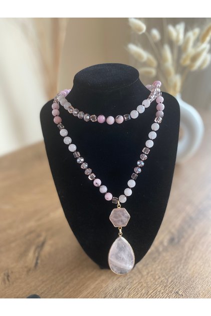 Bohem Tarz 8mm Kuvars Taş Pembe Kadın Kolye