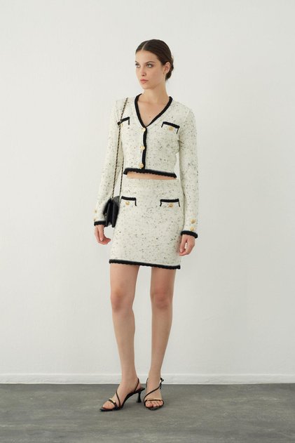 Siyah-Ekru Chanel Mini Triko Etek