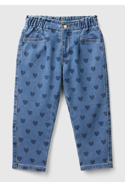 Girl's Dark Denim All Patterned Elastic Waist Loose Cut Trousers