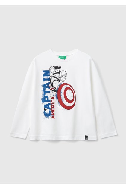 Boy's Captain America Printed Long Sleeve T-Shirt with White Hemline Logo
