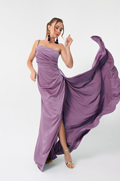 Lafaba Women's Lavender One-Shoulder Satin Evening Dress & Graduation Dress-  Trendyol
