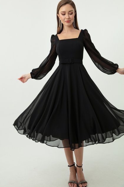 Rochie de seară din șifon midi, neagră, cu gât pătrat