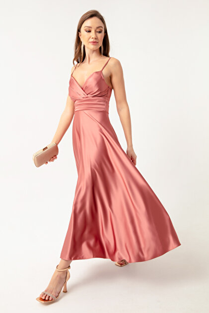 Lafaba Women's Salmon Rope Strap Waist Belted Satin Midi Evening Dress &  Graduation Dress- Trendyol