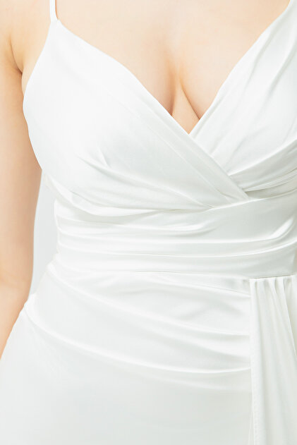 Lafaba Women's White Strap Long Satin Evening Dress & Graduation Dress-  Trendyol