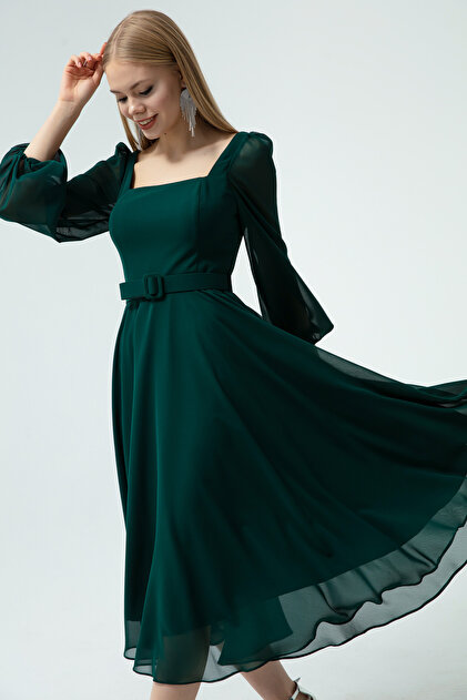 Lafaba Women's Emerald Green Square Collar Belted Midi Chiffon Evening Dress- Trendyol Lafaba Women's Emerald Green Square Collar Belted Midi Chiffon Evening Dress- Trendyol