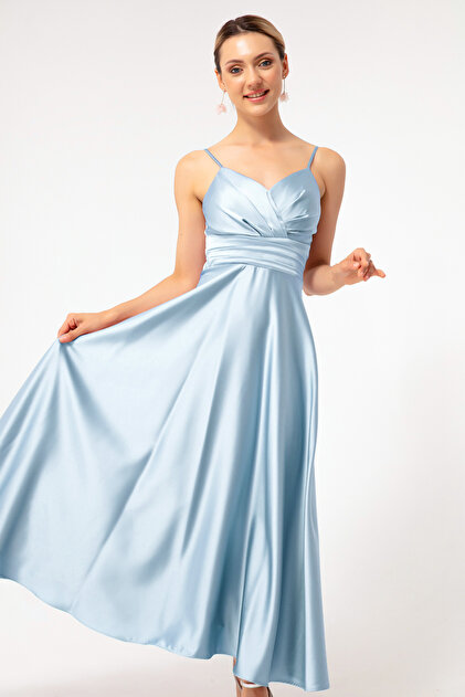 Lafaba Women's Baby Blue Rope Strap Waist Belted Satin Midi Evening Dress & Graduation Dress- Trendyol Lafaba Women's Baby Blue Rope Strap Waist Belted Satin Midi Evening Dress & Graduation Dress- Trendyol