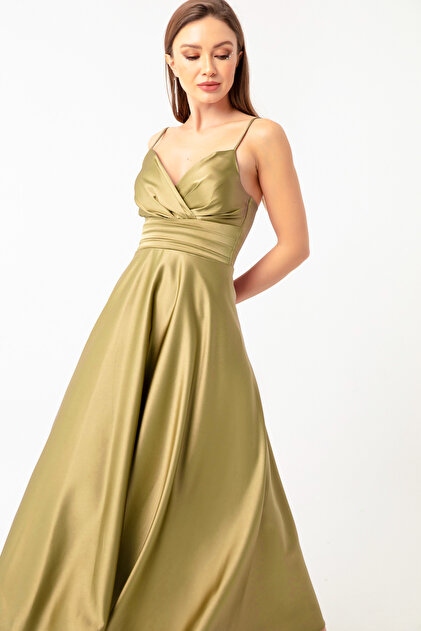 Lafaba Women's Oil Green Rope Strap Waist Belted Satin Midi Evening Dress &  Graduation Dress- Trendyol