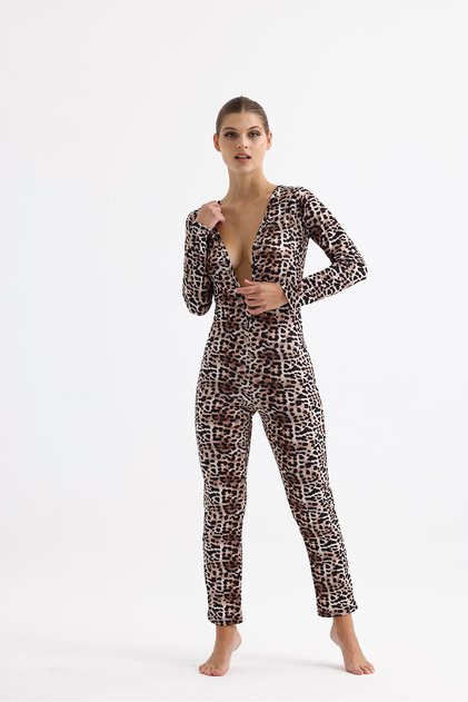 Women's Clothing Brown Leopard Print Buttoned Jumpsuit - Cotton Knitted Home Wear - Pajamas