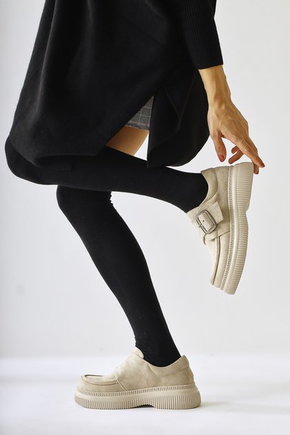 Evolution Beige Suede Buckle Detailed Women's Casual Shoes